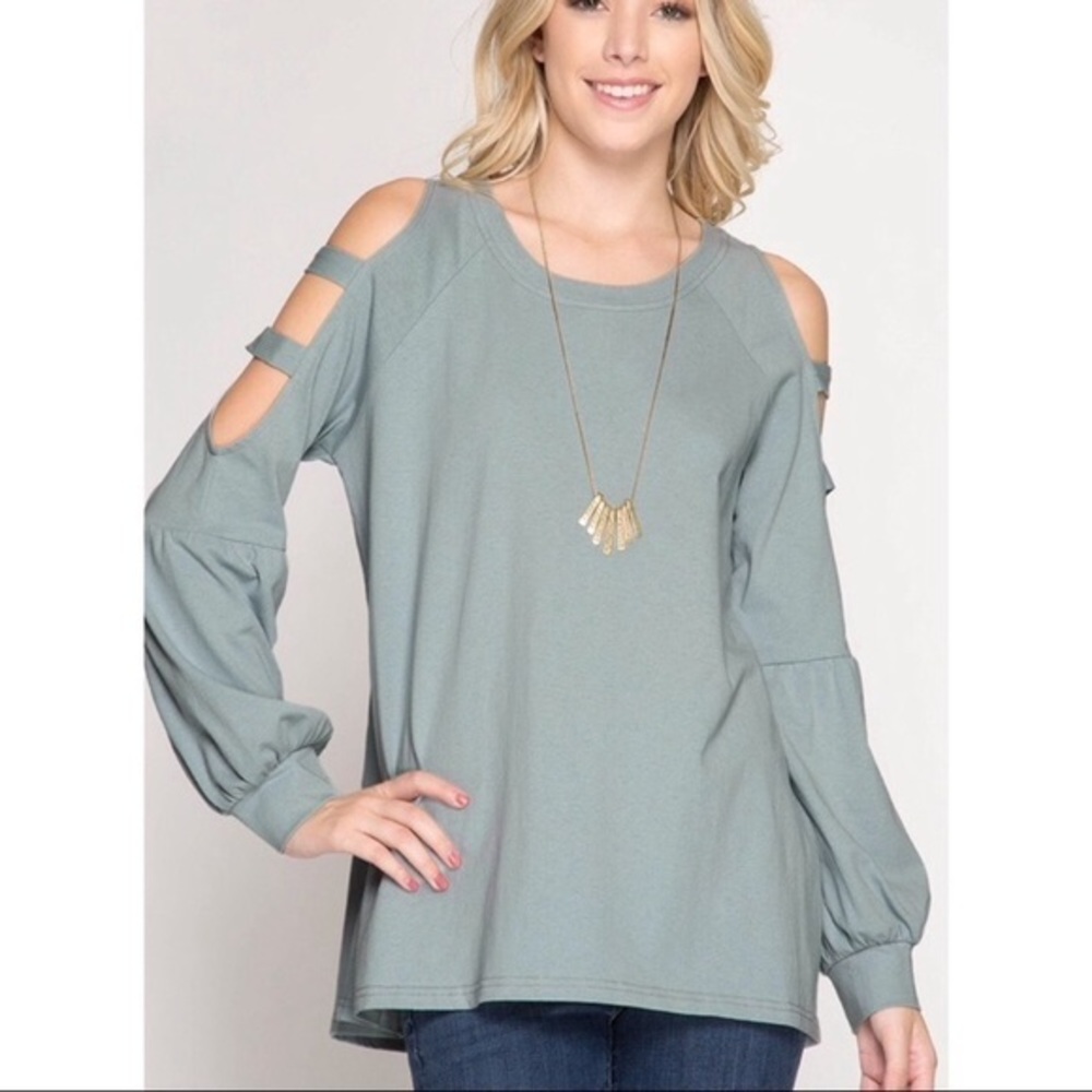 Long Balloon Sleeve Cold Shoulder Top